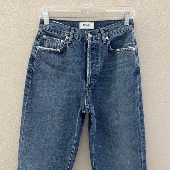 Agolde Riley Jeans 25 Denim Blue High Crop Straight Raw Hem Button Fly Classic - Picture 6 of 12